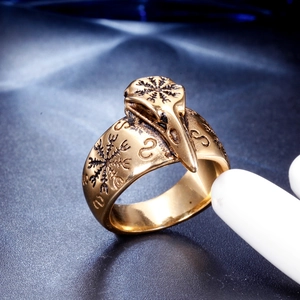 Retro eagle skull ring with Viking compass in gold finish and vintage texture