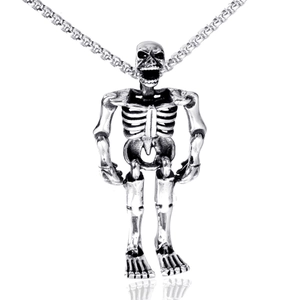 Punk vintage skeleton skull pendant necklace in retro silver with durable box chain