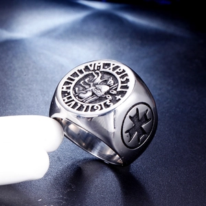Retro stainless steel Knights Templar ring with cross relief and engraved seal design