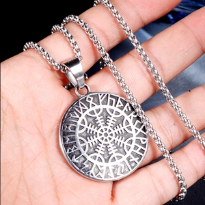 Silver Viking compass pendant necklace with Vegvisir runes on a classic box chain