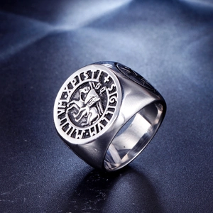 Vintage stainless steel Knights Templar seal ring with two knights on a horse