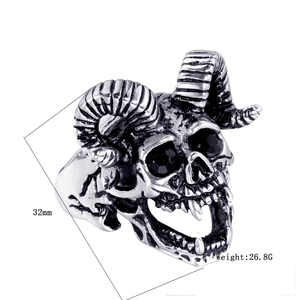 Detailed punk ram skull ring with black gems, 32mm height and 26.8g weight specs