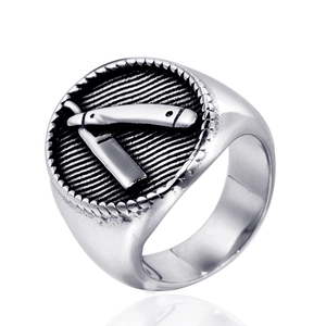 Men's retro stainless steel signet ring with detailed razor design on white background