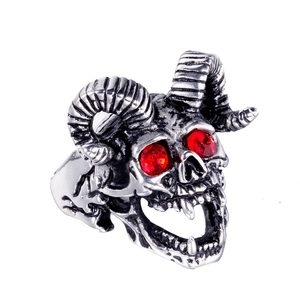 Punk gothic satanic ram head skull ring in stainless steel with red gemstone eyes