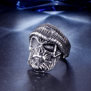 Punk style stainless steel skull ring with vintage textured beanie cap detail for men