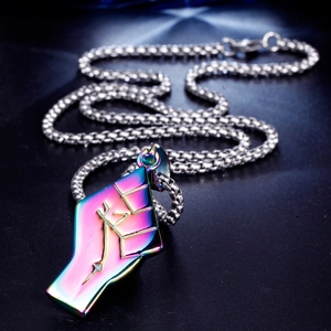 Rainbow plated fist pendant necklace in titanium steel with engraved symbols on black base
