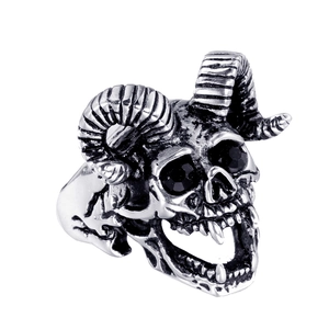 Gothic punk ram skull ring for men with black gemstones in antique silver stainless steel