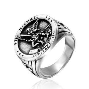 Chevalière Vintage Saint Michel Archange pour Homme en Acier Inoxydable Croix Religieuse Bague Amulette de Protection