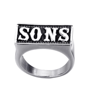 Men's silver stainless steel signet ring with SONS embossed lettering in punk style
