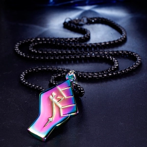 Rainbow gradient fist pendant necklace made of titanium steel with a black ring chain