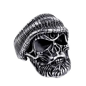 Vintage Men Titanium Steel Skull Ring With Beanie Hat And Beard Gothic Punk Biker Finger Ring Hip Hop Retro Jewelry For Men