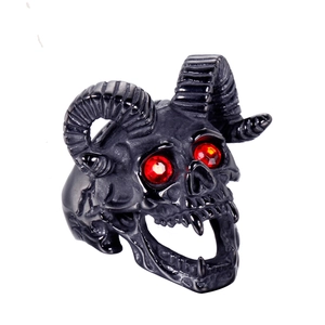 Vintage Gothic Stainless Steel Ram Horn Skull Ring For Men Punk Rock Biker Jewelry With Rhinestone Eye Red Black Accents