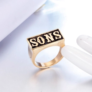 Men's gold-tone stainless steel signet ring with Sons engraved rectangular black face