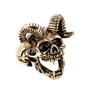 Vintage gothic men's stainless steel ram horn skull ring with antique gold finish