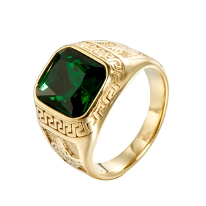 Mens gold stainless steel ring with square green gemstone and Greek meander engraving