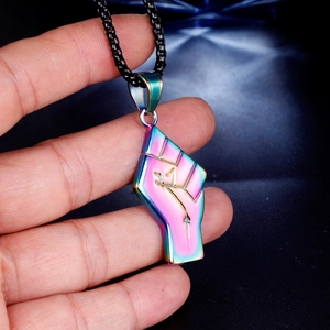 Rainbow gradient fist pendant necklace in punk style with matte black chain on hand