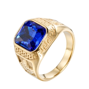 Gold stainless steel men's ring with square blue gemstone and Greek key pattern