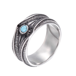 Bague en Acier Inoxydable Plume Vintage Ethnique Turquoise Rouge Noir Strass Incrusté Gothique Punk Bijoux Unisexe