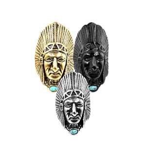 Vintage Native American Indian Chief Head Ring For Men Stainless Steel Turquoise Inlaid Punk Rock Biker Jewelry Finger Ring