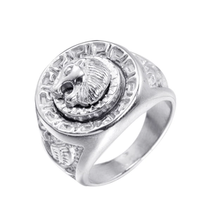 Bague hip-hop homme en acier inoxydable avec relief tête de lion et motifs grecs