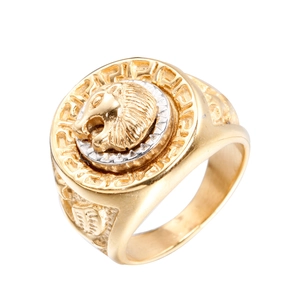 Bague pour homme en acier doré avec tête de lion et bordure à motifs de clé grecque
