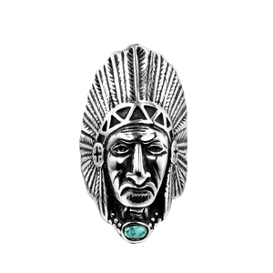 Vintage stainless steel Indian chief ring with turquoise stone and silver finish