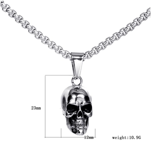 Vue détaillée du pendentif crâne en acier 23x12mm avec spécifications de poids