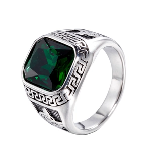 Men's vintage stainless steel ring with square green gemstone and Greek meander motifs
