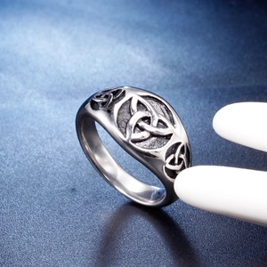 Vintage stainless steel wide ring featuring Celtic Triquetra knot with blackened detail