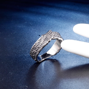 Vintage stainless steel cross ring with realistic feather texture on a blue background