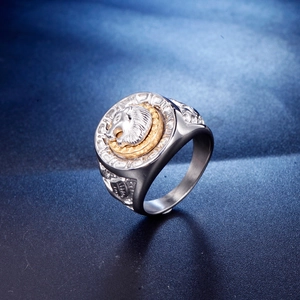 Bague tête de lion pour homme en acier inoxydable bicolore or et argent de style rétro