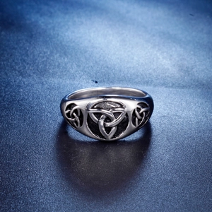 Vintage stainless steel Celtic knot ring with Viking totem engravings and oxidized finish
