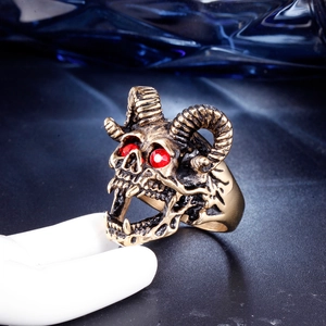 Punk men's stainless steel satanic ram skull ring with red rhinestone eyes