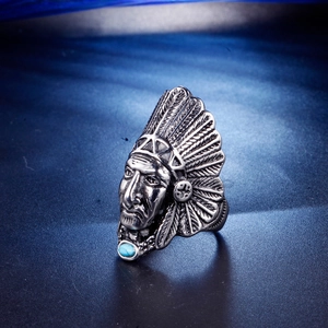 Detail of vintage native american indian chief ring with blue turquoise stone inlay