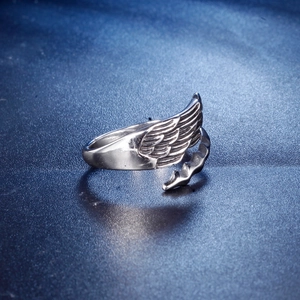 Adjustable silver angel wings open ring with detailed feather texture for men and women