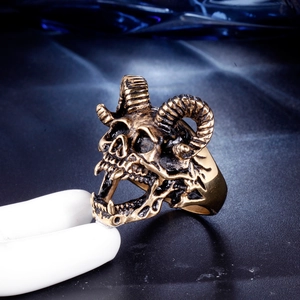 Macro view of vintage bronze ram head skull ring showing intricate punk details