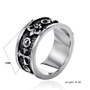 Detail of 10mm stainless steel gothic ring with fleur-de-lis and cross relief engraving