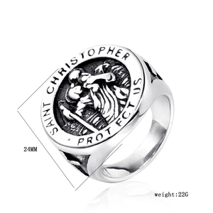 Detail of Saint Christopher medal ring with 24mm diameter and embossed religious motif