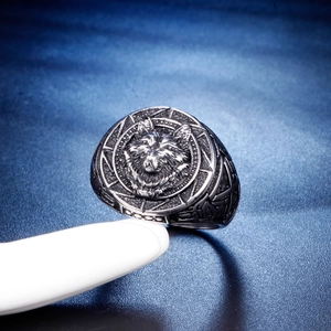 Vintage stainless steel wolf head ring with Nordic runes and embossed totem details