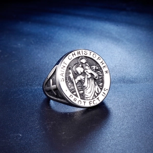 Stainless steel Saint Christopher protect us signet ring for men in silver finish
