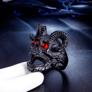 Men's punk gothic black satanic goat skull ring with red gemstone eyes in stainless steel