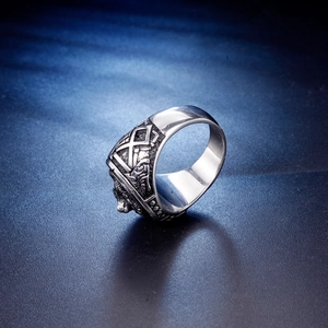 Vintage stainless steel wolf head ring with Viking runes and antique silver finish
