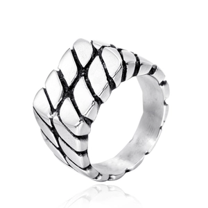 Mens vintage industrial stainless steel ring with textured geometric chain pattern