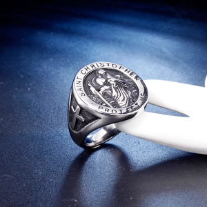 Saint Christopher Protect Us stainless steel signet ring with vintage religious relief