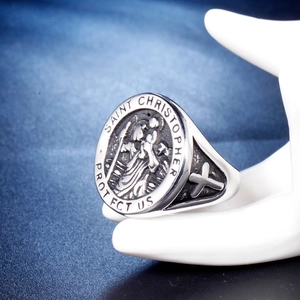 Saint Christopher Protect Us vintage stainless steel religious signet ring in silver finish