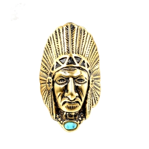 Vintage gold-finish steel ring with Indian chief feather design and blue turquoise stone