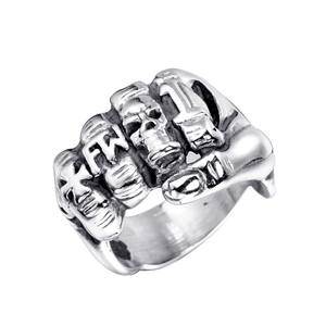 Bague punk en acier inoxydable argenté avec motif de poing, crâne et gravure FTW