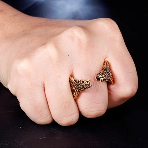 Detailopname van vintage bronzen koivissen ringen met schubben en een open ontwerp