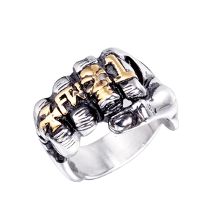 Bague Punk Vintage Forme Poing et Crâne pour Hommes Bague Biker en Acier Titane avec Croix et Lettrage Or Argent