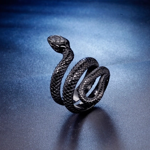 Gothic black matte stainless steel snake ring with realistic scale texture and spiral design
